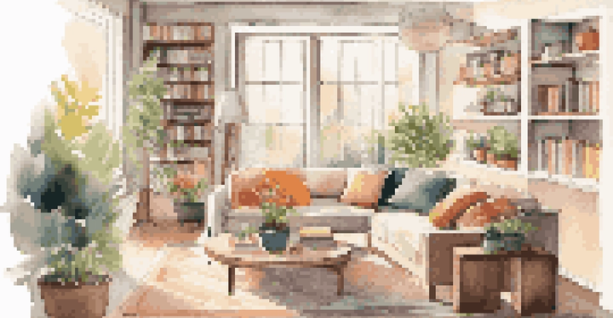 A modern living room with a large window, sofa with colorful cushions, coffee table with books, and a potted plant, illuminated by warm lighting.