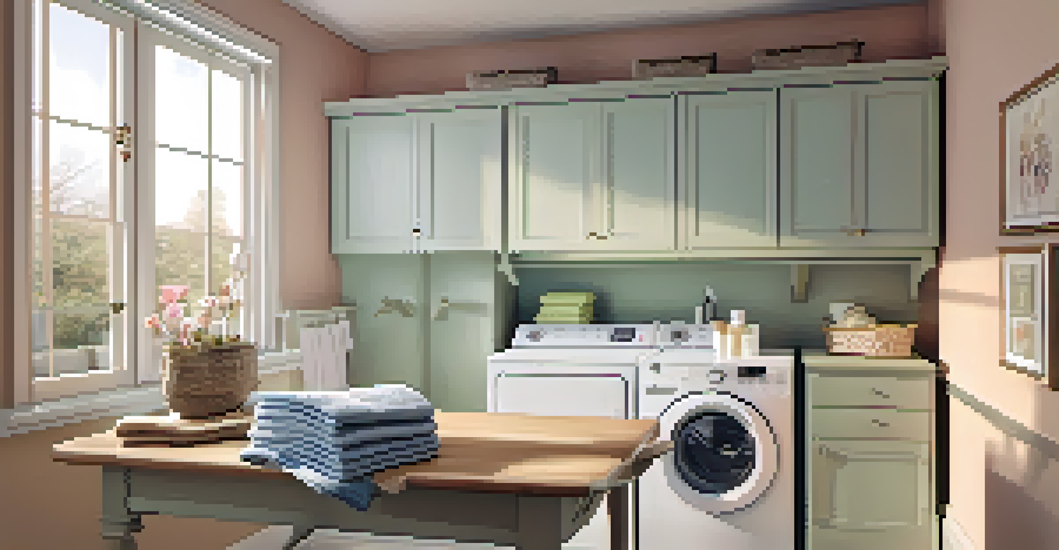 A cozy laundry area with a pull-out drying rack, folding station, and small ironing board, illuminated by warm lighting.