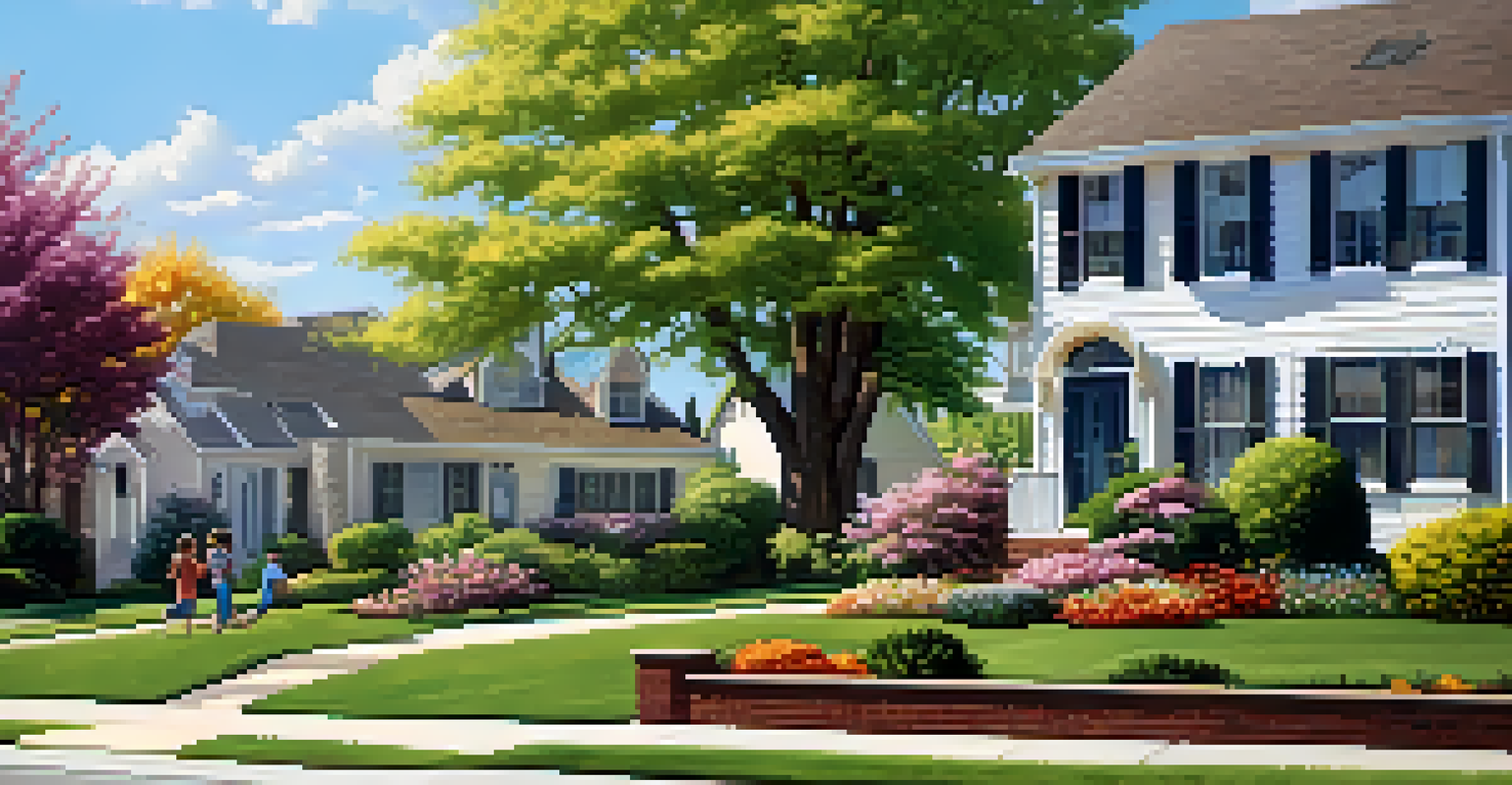 A suburban neighborhood with charming houses and a family enjoying a sunny day in their backyard.