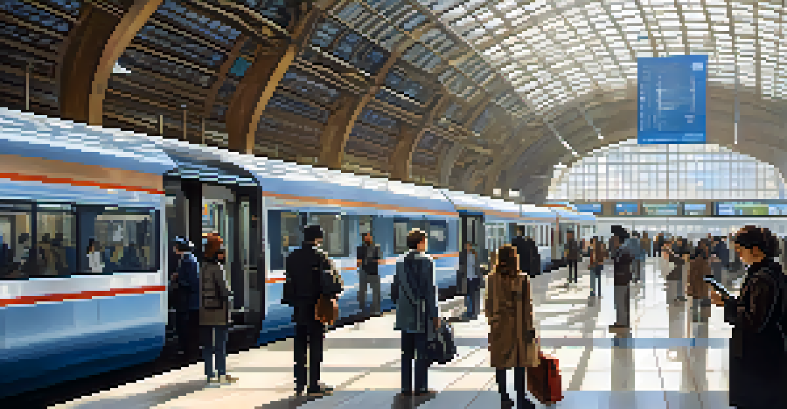 A contemporary train station with commuters, large windows, and a train arriving in an urban setting.