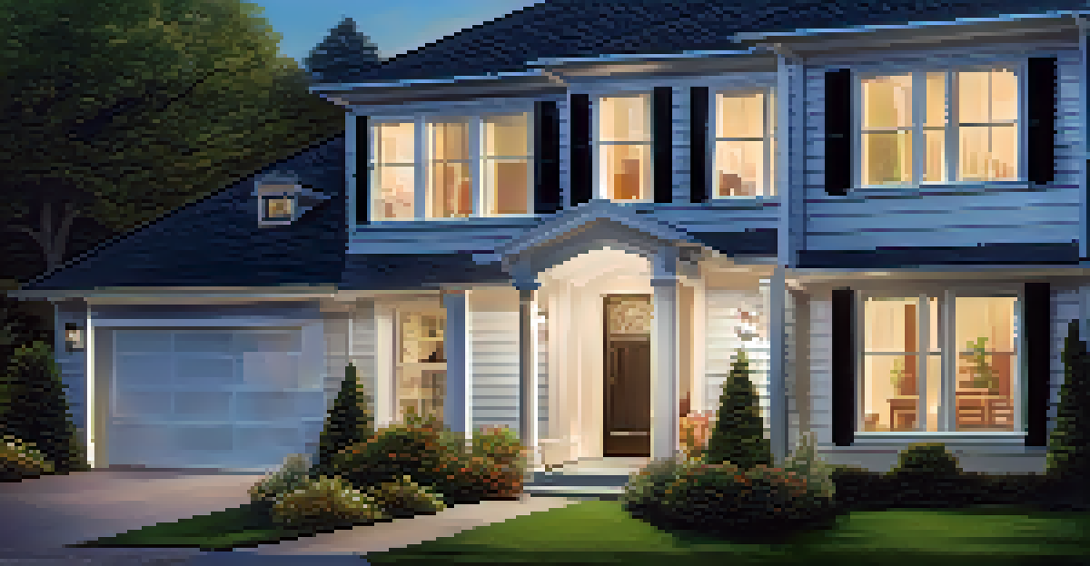 An exterior view of a home featuring a smart doorbell camera and security lights, with a serene evening backdrop.