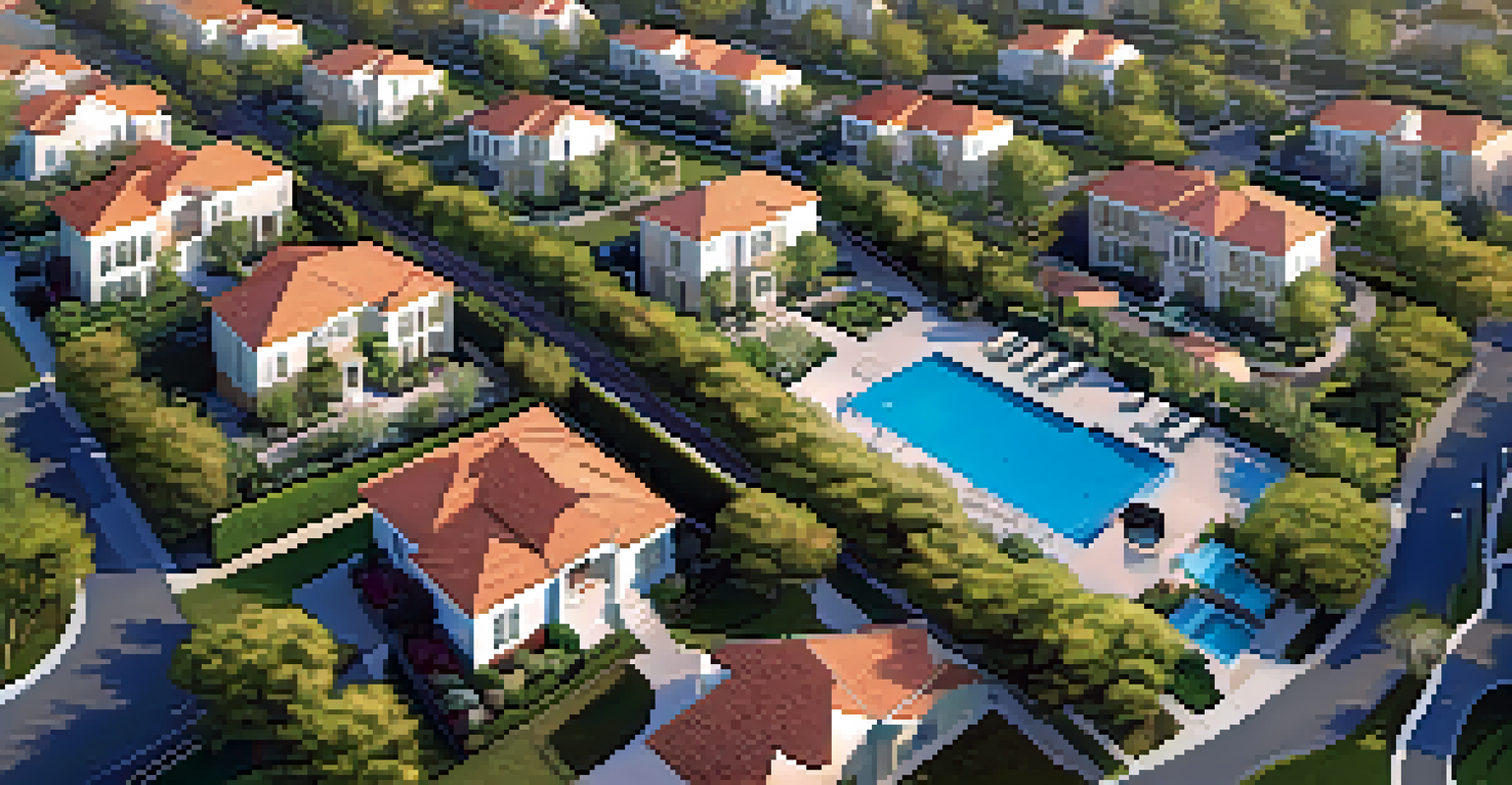 An aerial view of a well-organized residential community with uniform houses and communal amenities.
