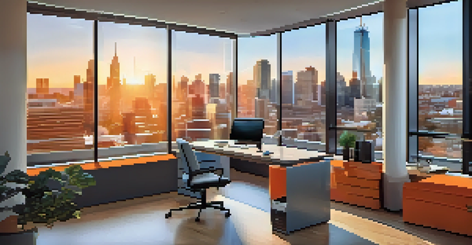 A contemporary office with technology displays and a city skyline view during sunset.