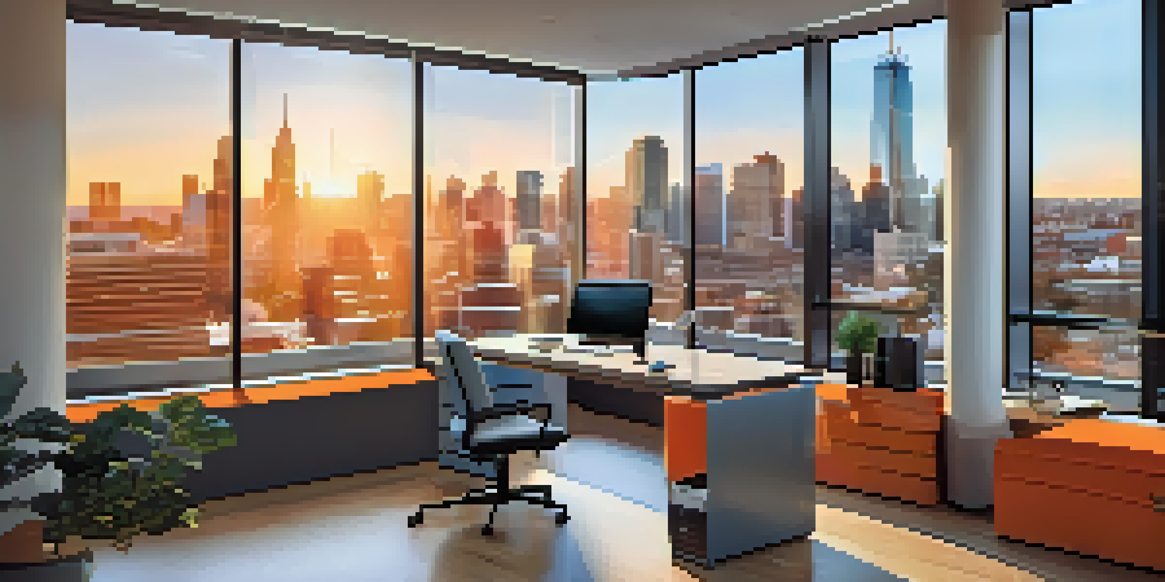 A contemporary office with technology displays and a city skyline view during sunset.