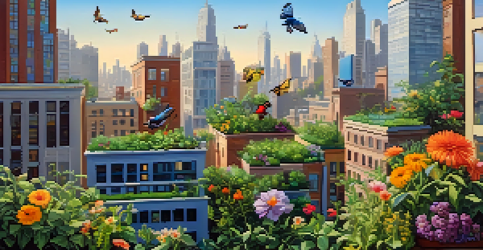 A colorful city skyline with green roofs full of plants, birds, bees, and butterflies, under a bright blue sky.