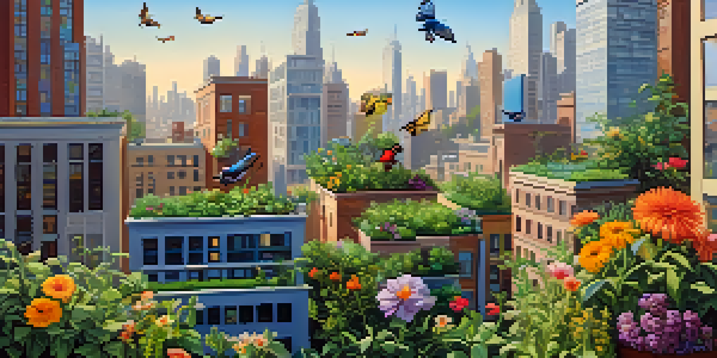 A colorful city skyline with green roofs full of plants, birds, bees, and butterflies, under a bright blue sky.