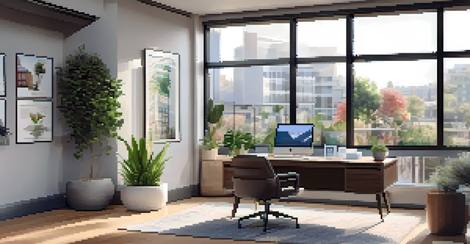 A contemporary real estate agent's office with a desk, computer, brochures, and natural lighting.