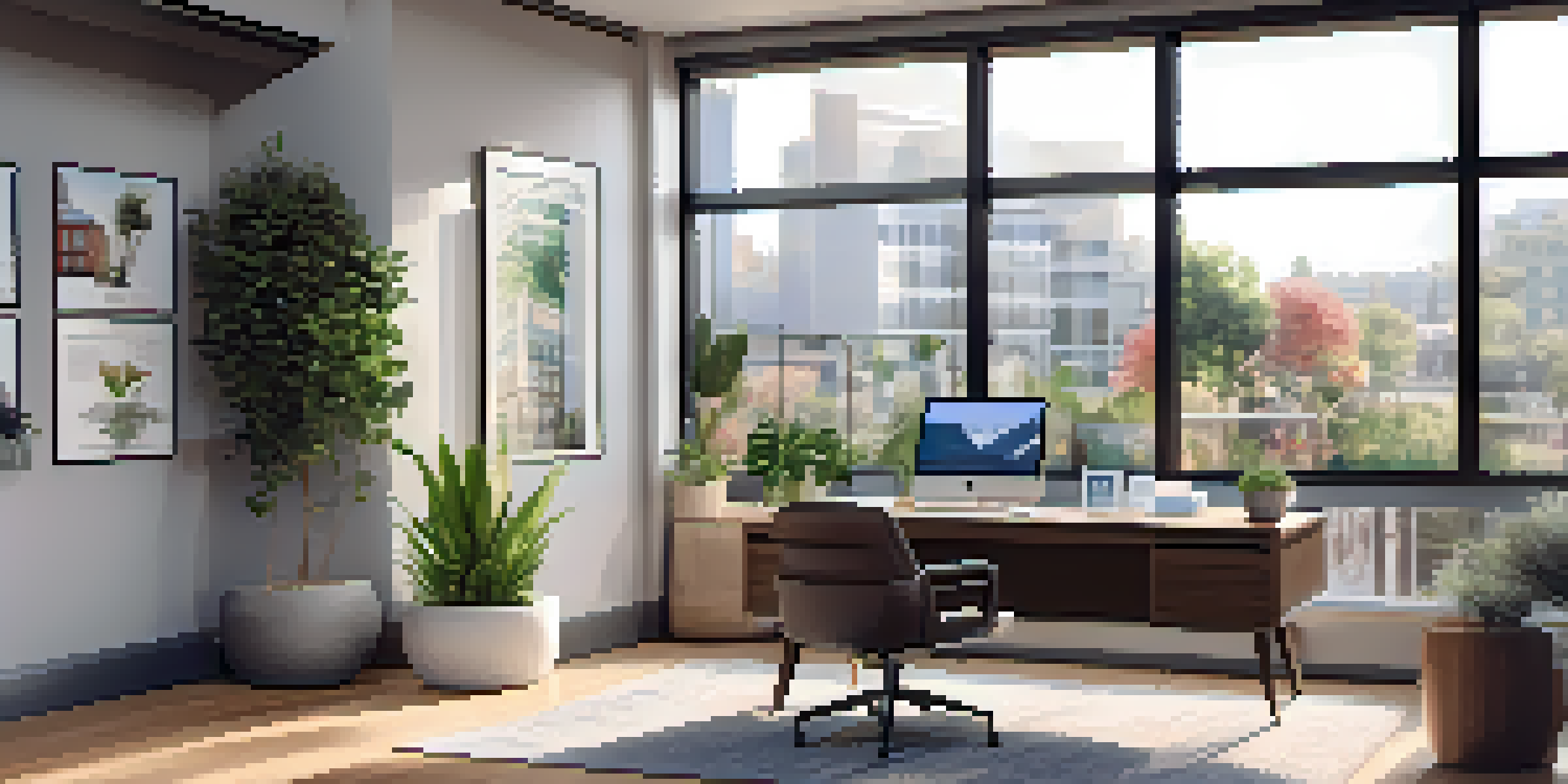 A contemporary real estate agent's office with a desk, computer, brochures, and natural lighting.