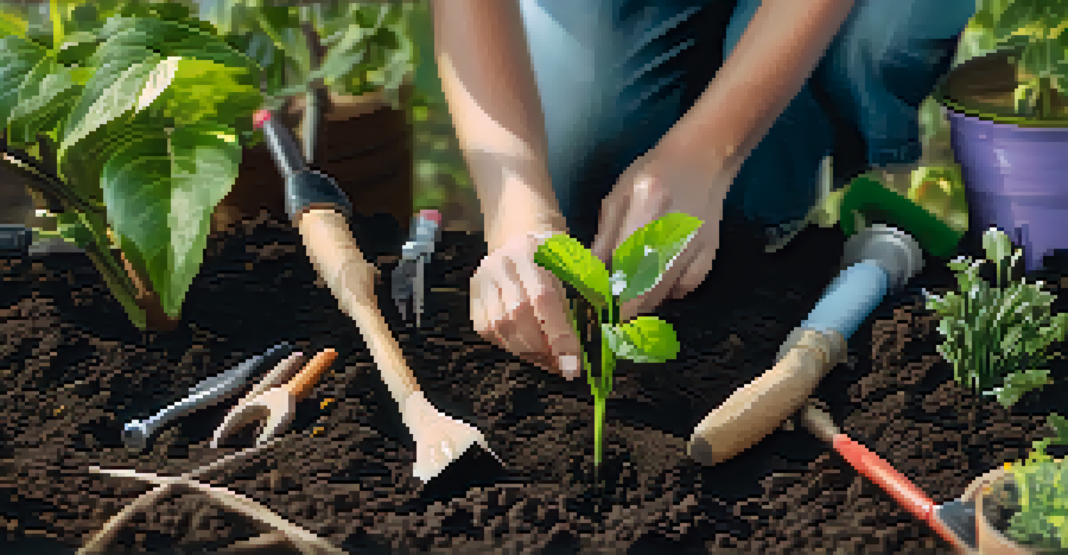 Hands planting a sapling in soil, with gardening tools and a garden in the background, symbolizing growth and care for the environment.