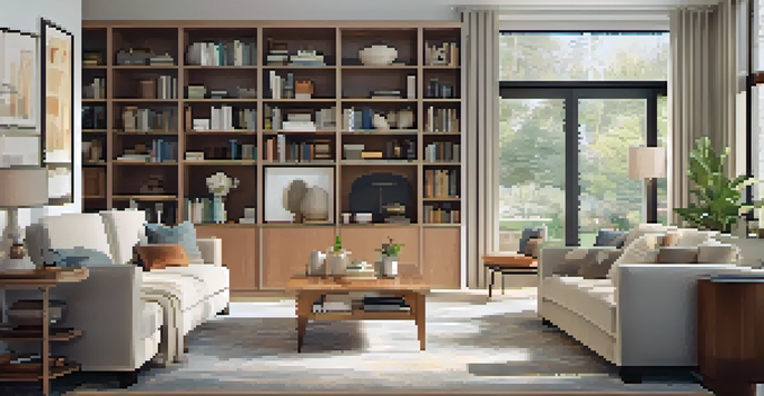A cozy living room with natural light and modern furniture, featuring an inspector examining an electrical panel while a couple watches.