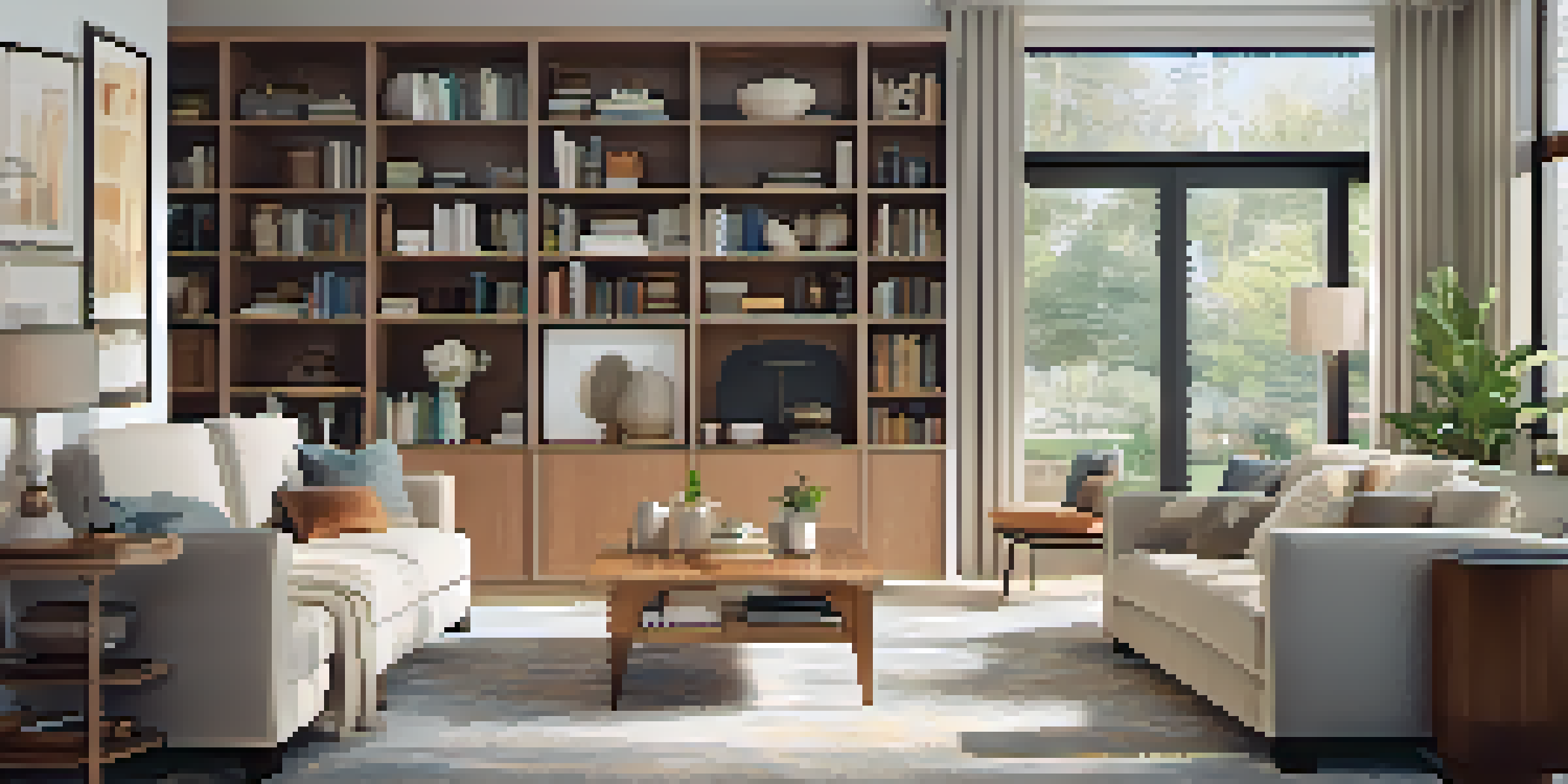 A cozy living room with natural light and modern furniture, featuring an inspector examining an electrical panel while a couple watches.