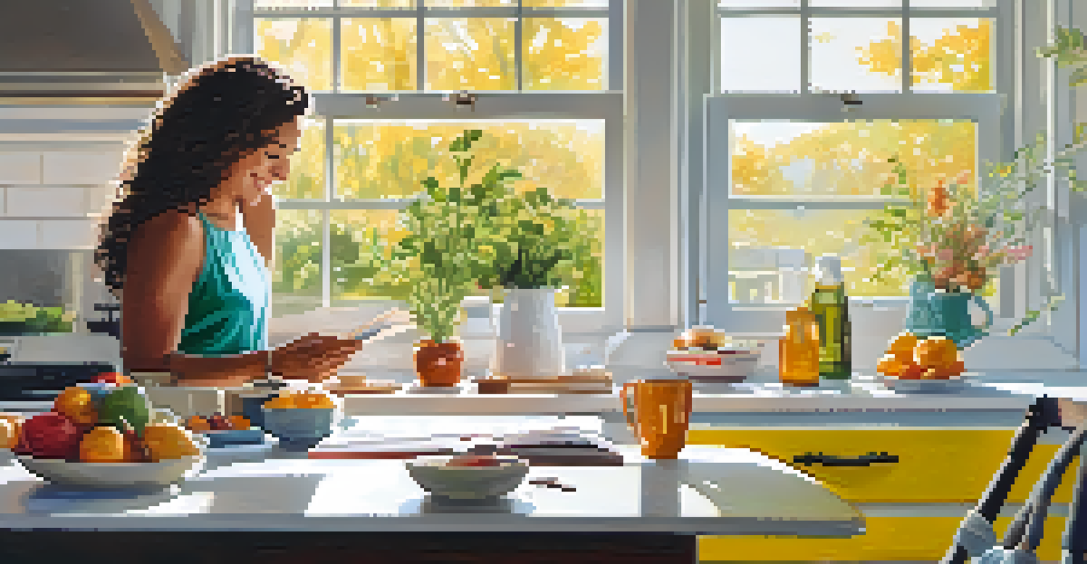 A person sipping coffee at a kitchen table with a planner, surrounded by colorful decorations and sunlight.