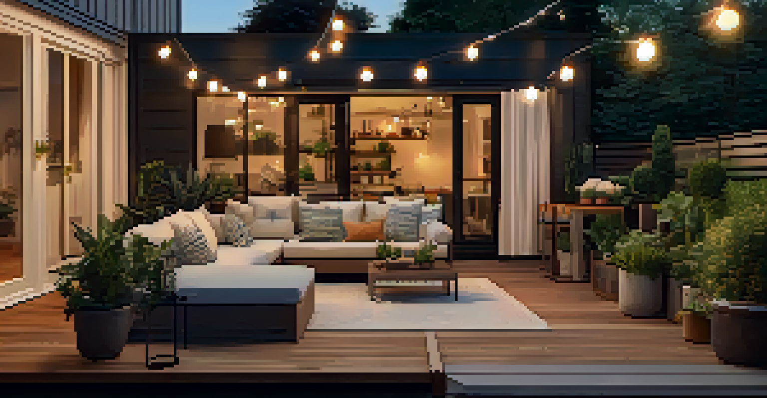 An outdoor patio with a wooden deck, modern furniture, and string lights, illuminated by the setting sun, surrounded by potted plants.