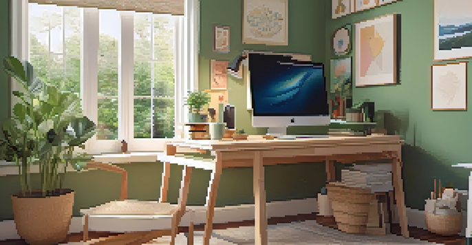 A cozy home office with a wooden desk, laptop, and plants, illuminated by natural light from a large window, overlooking a green garden.