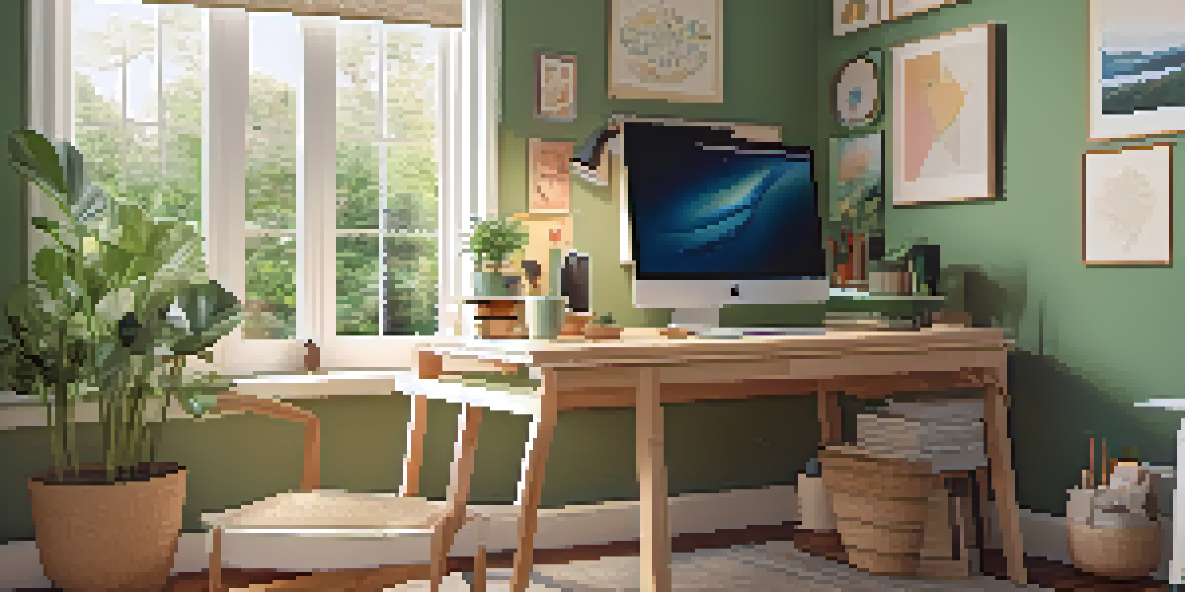 A cozy home office with a wooden desk, laptop, and plants, illuminated by natural light from a large window, overlooking a green garden.