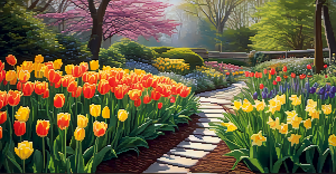 A colorful spring garden filled with blooming tulips and daffodils, illuminated by soft sunlight, inviting a sense of exploration.