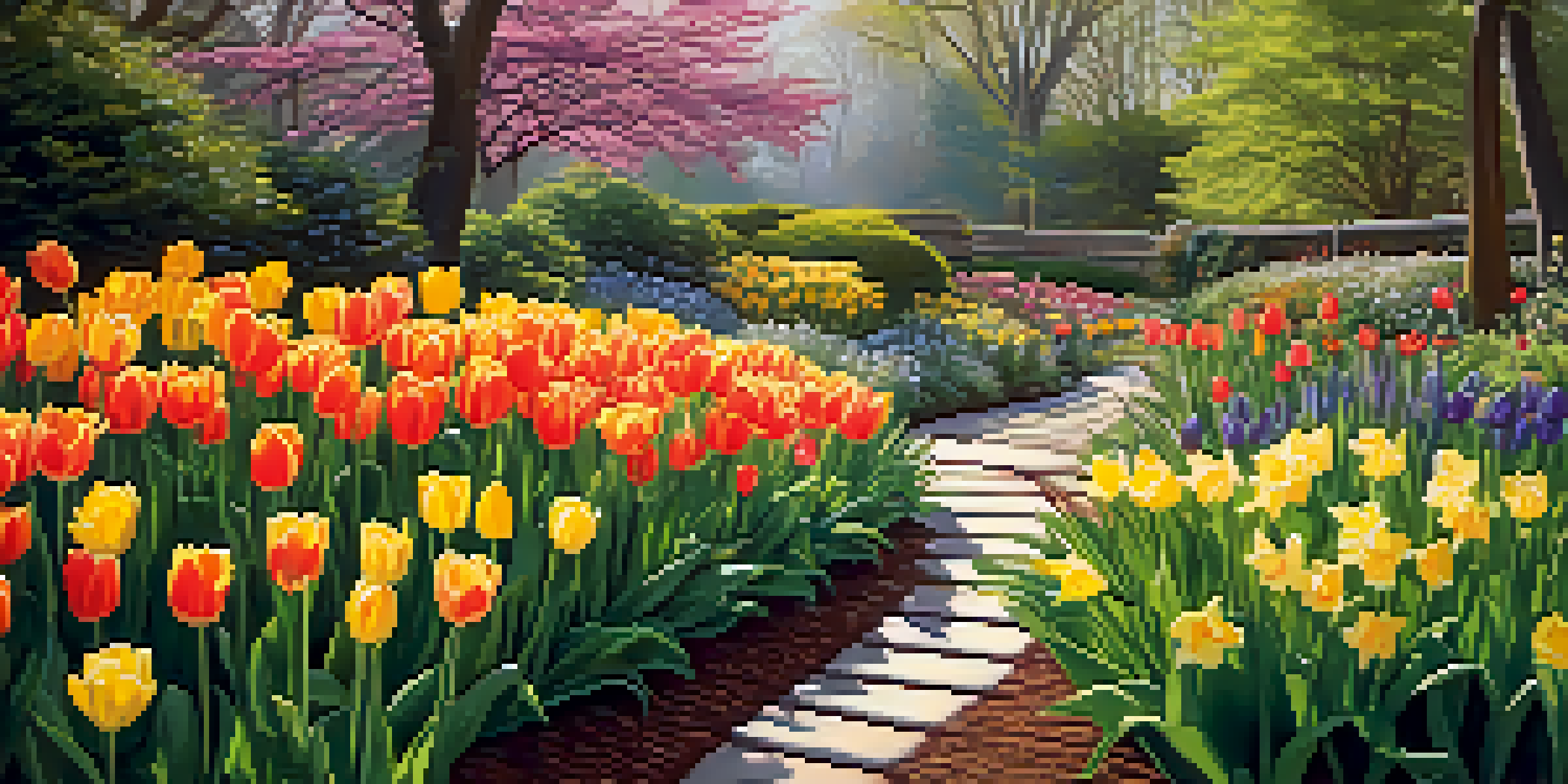 A colorful spring garden filled with blooming tulips and daffodils, illuminated by soft sunlight, inviting a sense of exploration.