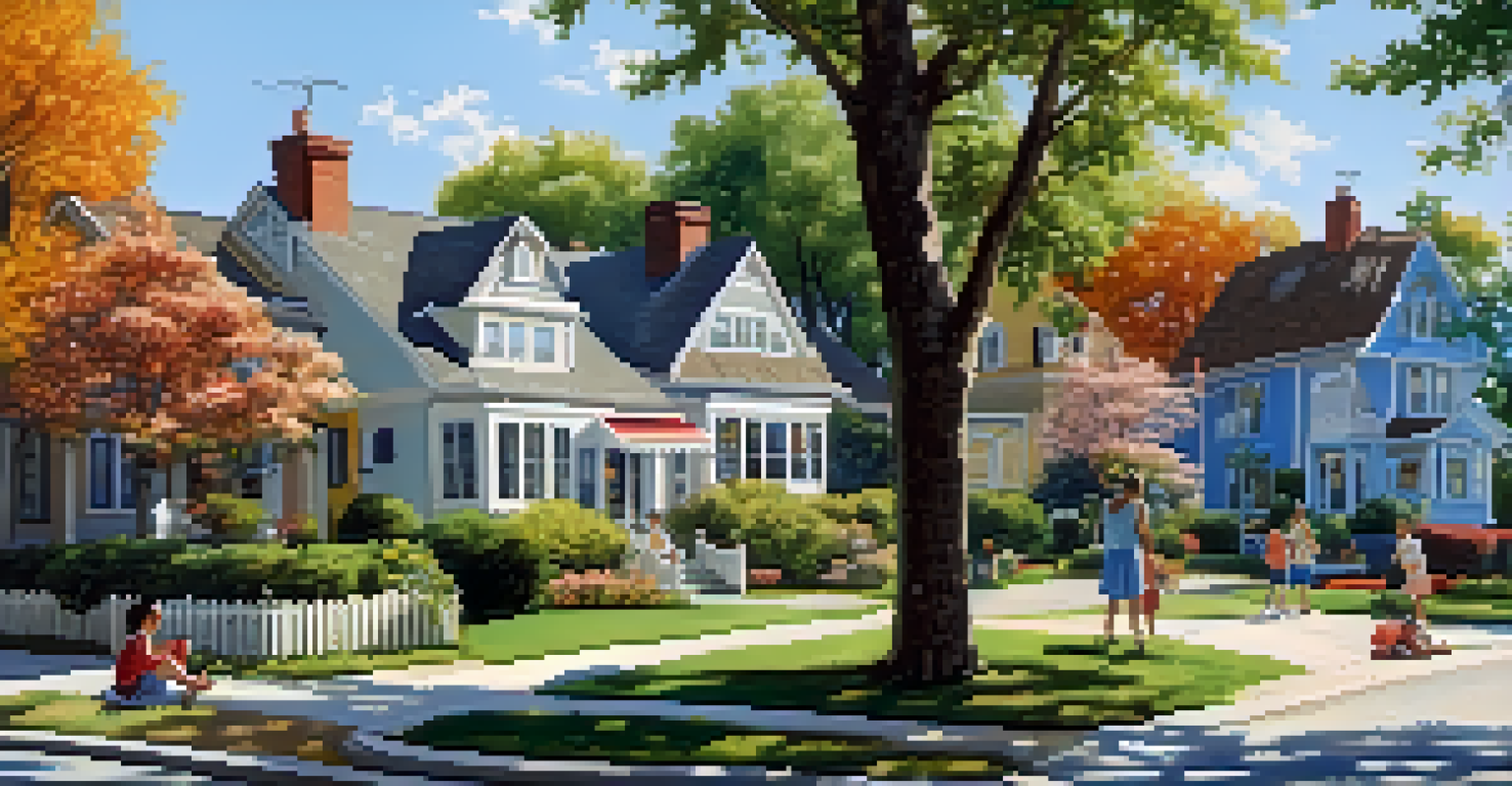 A peaceful neighborhood with charming houses, children playing, and trees under a clear blue sky.