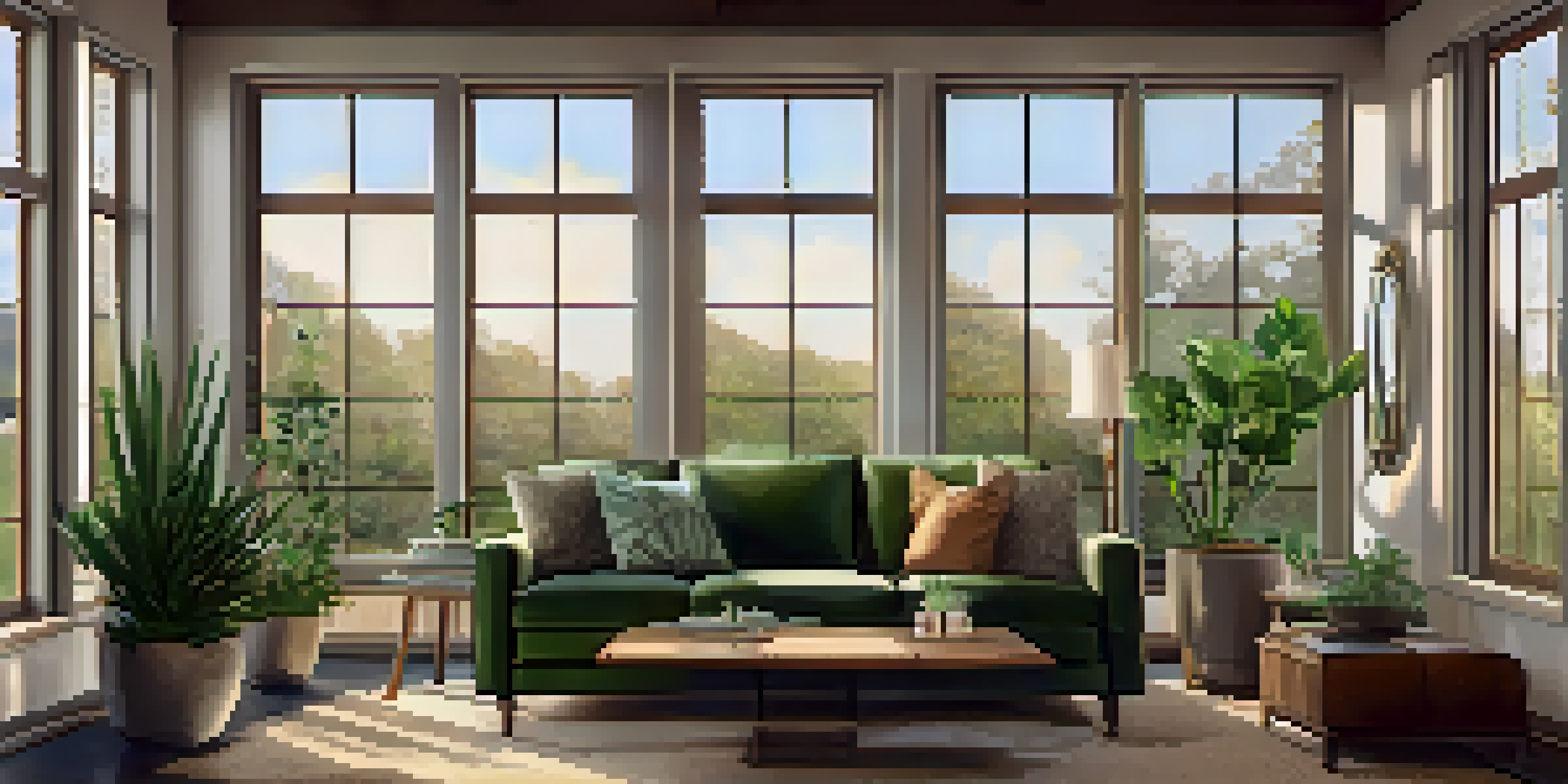 A warm and inviting living room with energy-efficient features, including LED lighting and double-glazed windows.