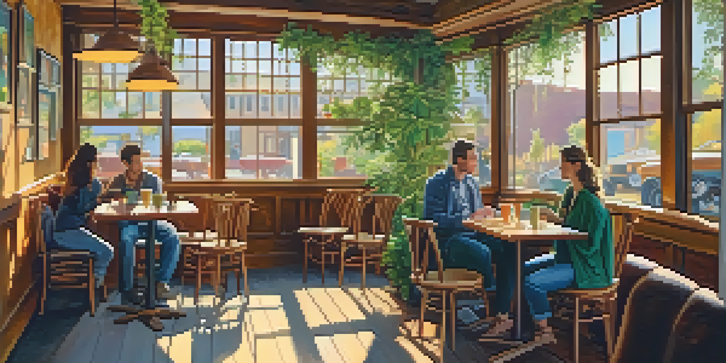 A warm and inviting coffee shop interior with patrons enjoying drinks amidst wooden furniture and colorful decor.
