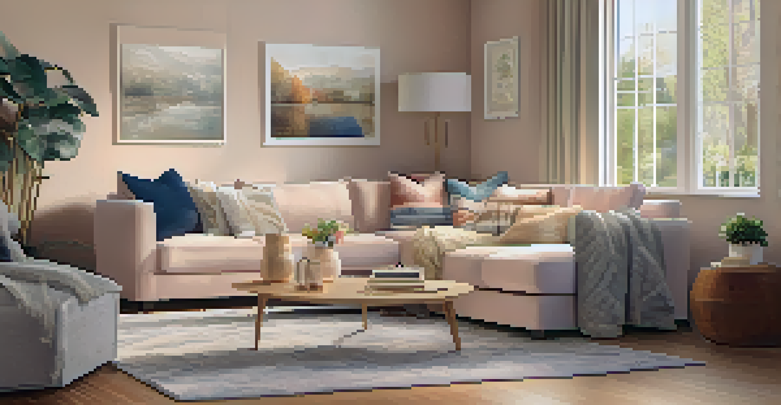 A cozy living room featuring a sectional sofa, a coffee table, and a fireplace, with soft pastel walls and decorative pillows.