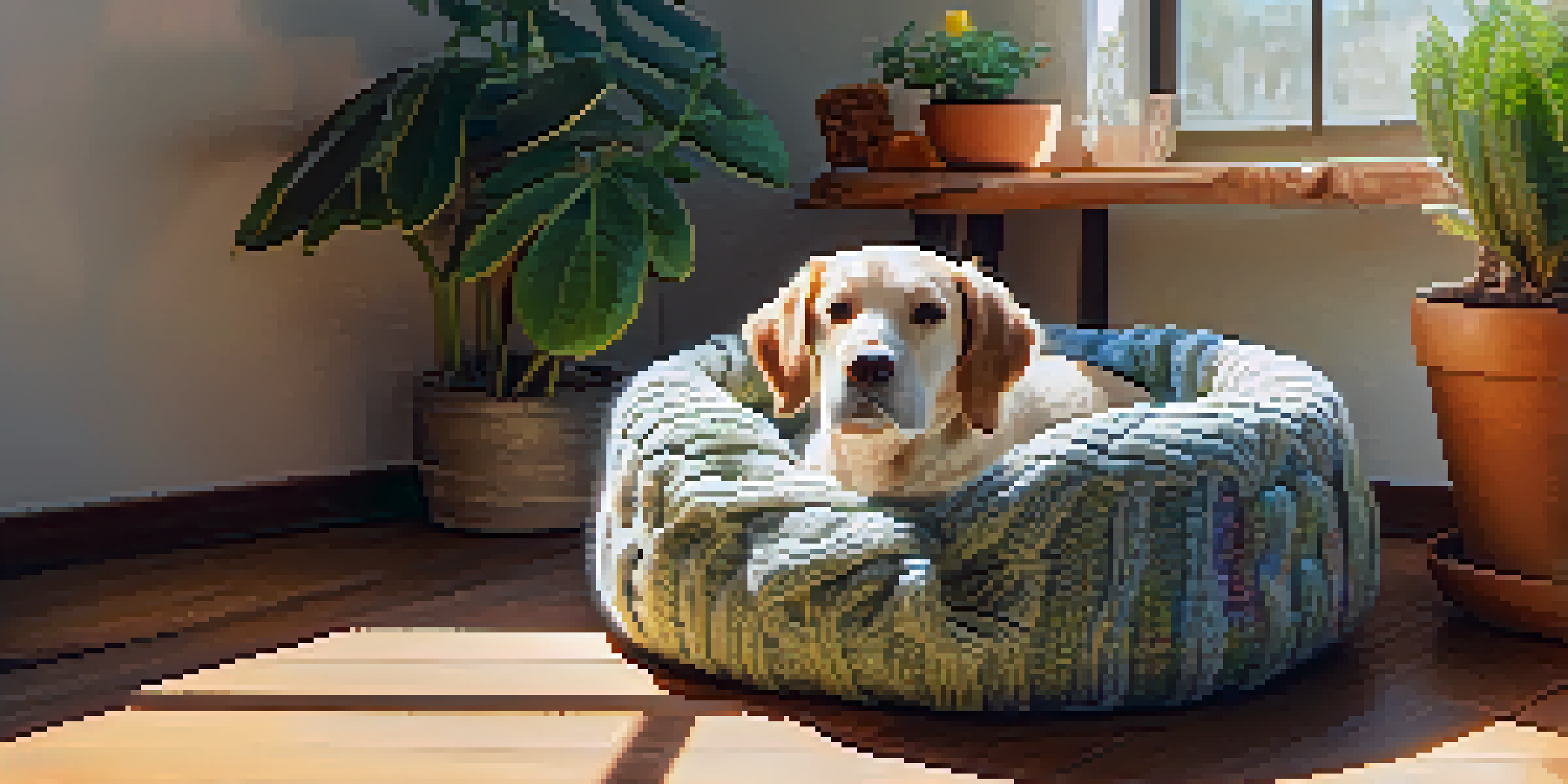 A cozy pet bed made from an upcycled sweater, placed in a sunlit room with plants around it.