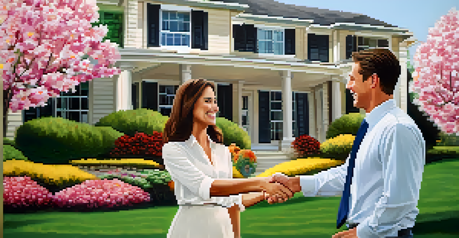 A real estate agent shaking hands with a couple in front of a house with a 'Sold' sign.