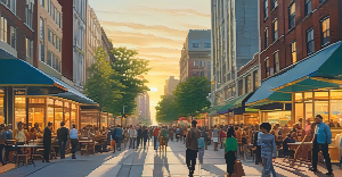 A busy urban street at sunset with skyscrapers and vintage buildings, people walking and enjoying cafes, and colorful storefronts.