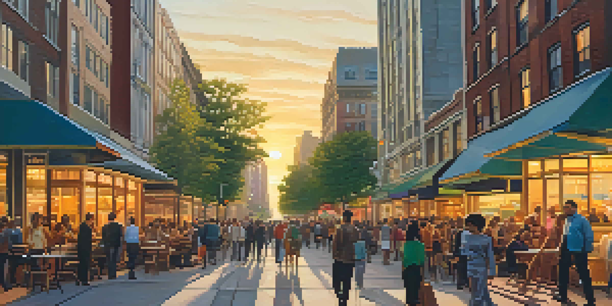 A busy urban street at sunset with skyscrapers and vintage buildings, people walking and enjoying cafes, and colorful storefronts.