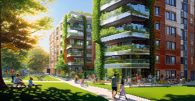 A modern apartment building surrounded by greenery, with people enjoying a sunny day in the park.
