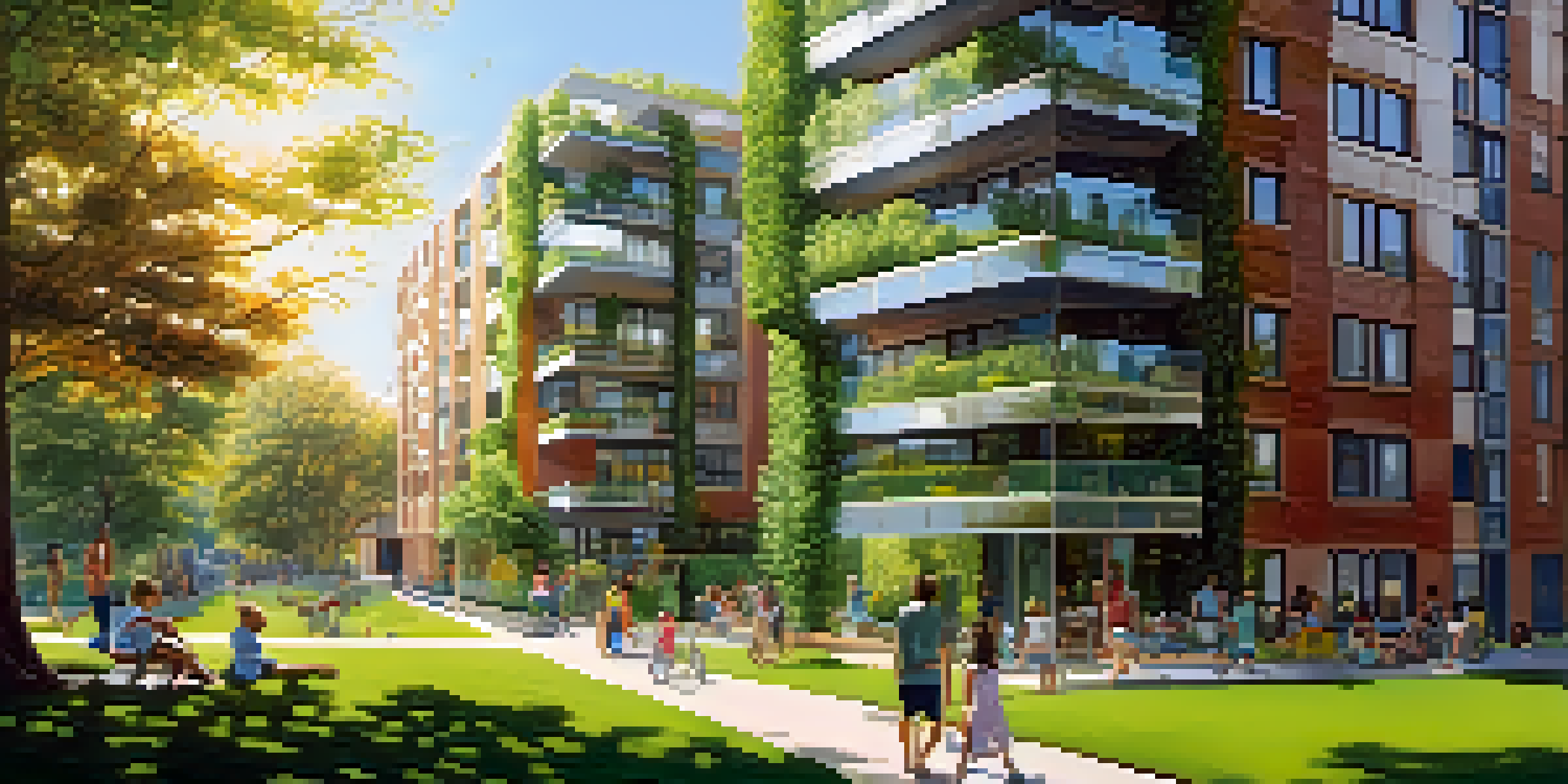 A modern apartment building surrounded by greenery, with people enjoying a sunny day in the park.