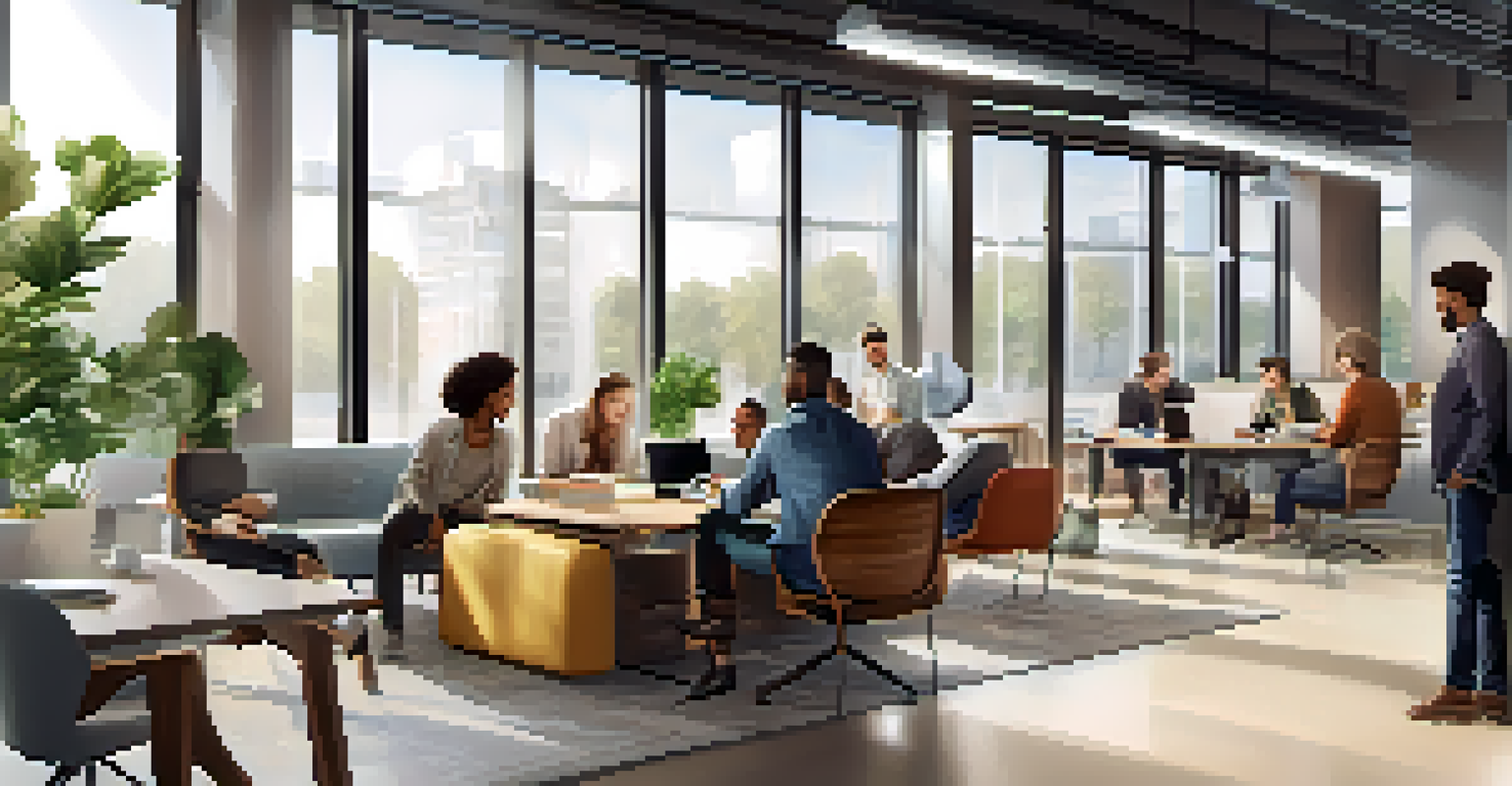A modern office space with a diverse group of people working together in flexible layouts, showcasing both quiet zones and collaborative areas.