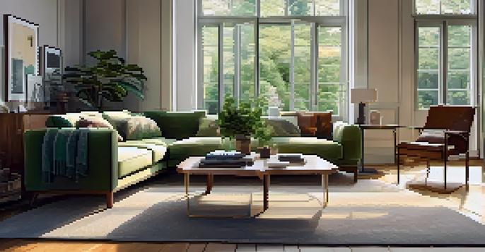 A bright and cozy living room featuring energy-efficient windows, plants, and a comfortable sofa.