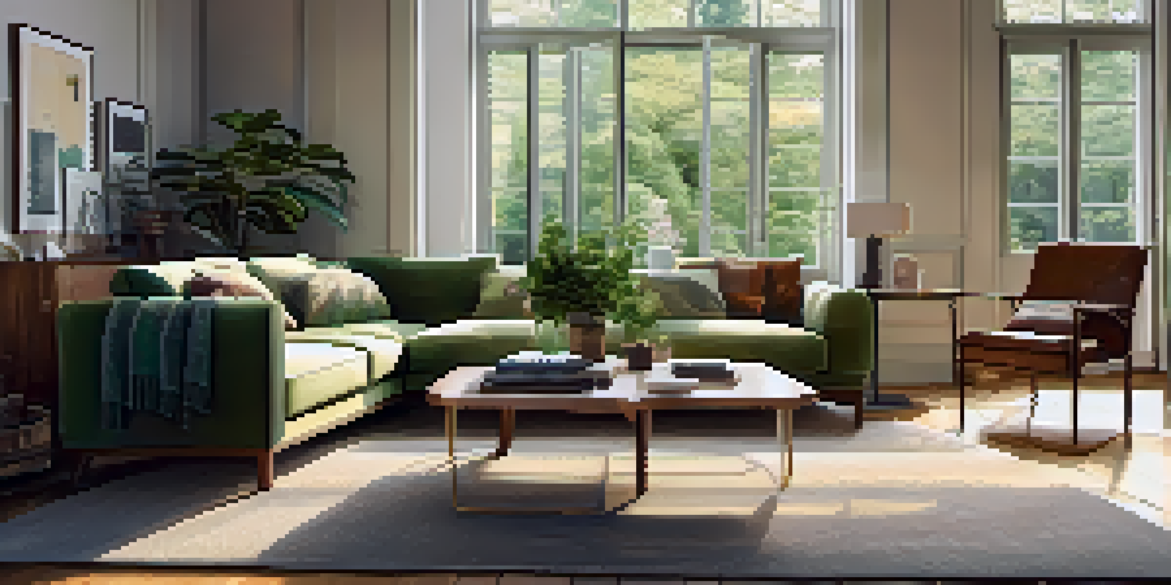 A bright and cozy living room featuring energy-efficient windows, plants, and a comfortable sofa.