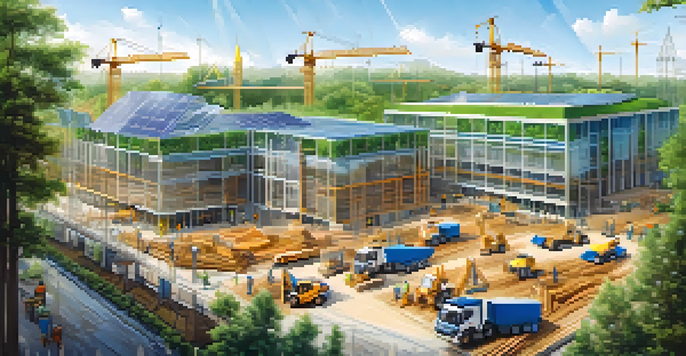 A bustling construction site with cranes and eco-friendly materials, surrounded by trees and clear blue skies, highlighting sustainable building practices.