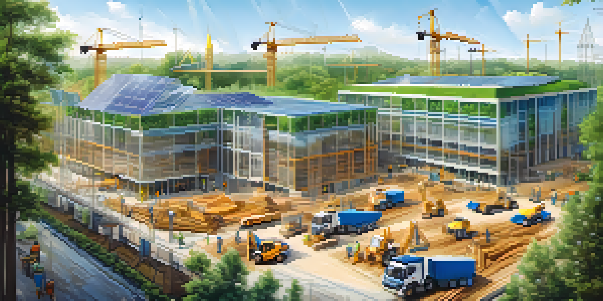 A bustling construction site with cranes and eco-friendly materials, surrounded by trees and clear blue skies, highlighting sustainable building practices.