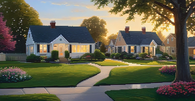 A serene suburban neighborhood at sunset, with beautiful homes and children playing outside.