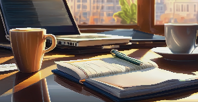 A desk with a laptop, notepad, and coffee cup, symbolizing the work of an insurance broker.