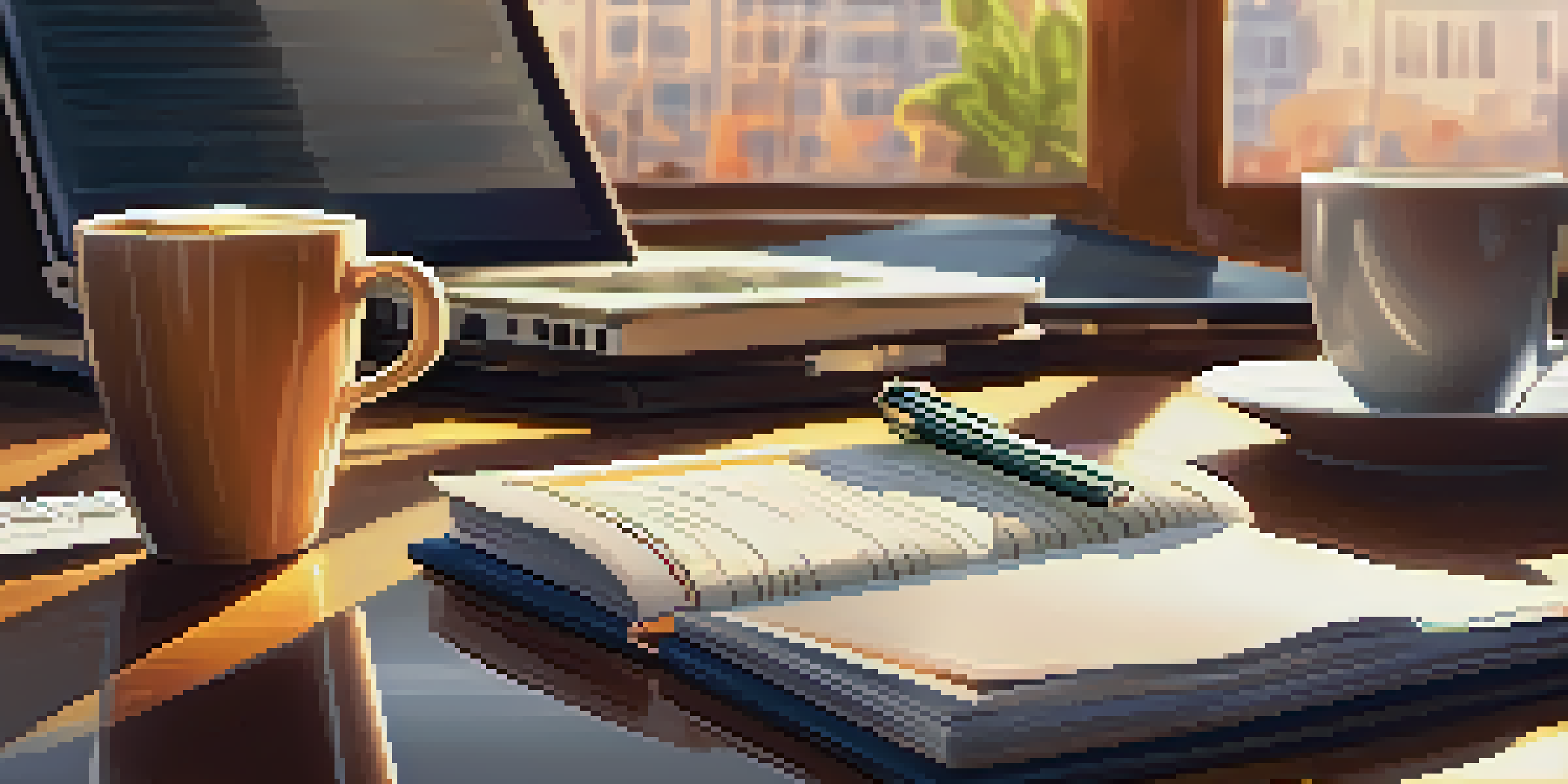 A desk with a laptop, notepad, and coffee cup, symbolizing the work of an insurance broker.