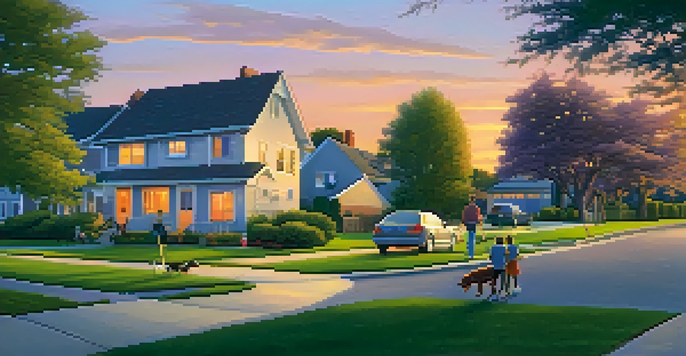 A suburban neighborhood at sunset with diverse houses and a family walking a dog.