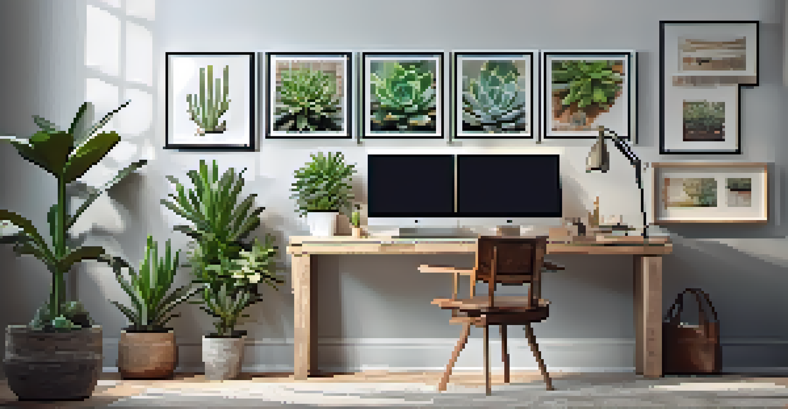 A stylish home office with a minimalist wooden desk, ergonomic chair, gallery wall of travel photos, and ambient lighting.