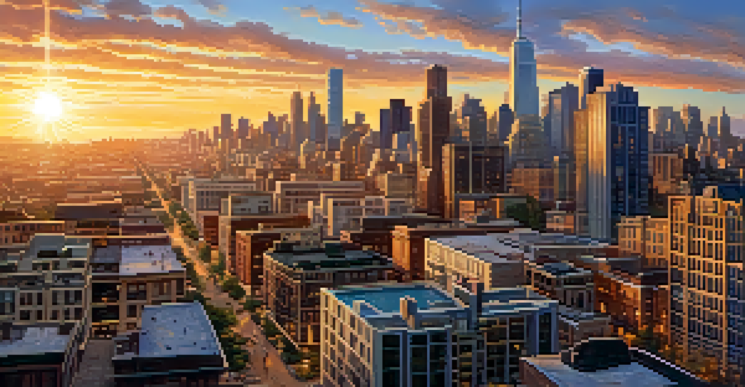 Aerial view of a city skyline with residential and commercial buildings during sunset.