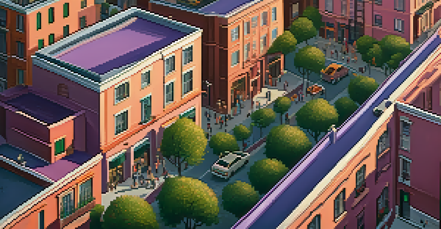 A vibrant urban neighborhood at sunset, featuring residential buildings, green spaces, and a colorful sky with people and cars in the streets.