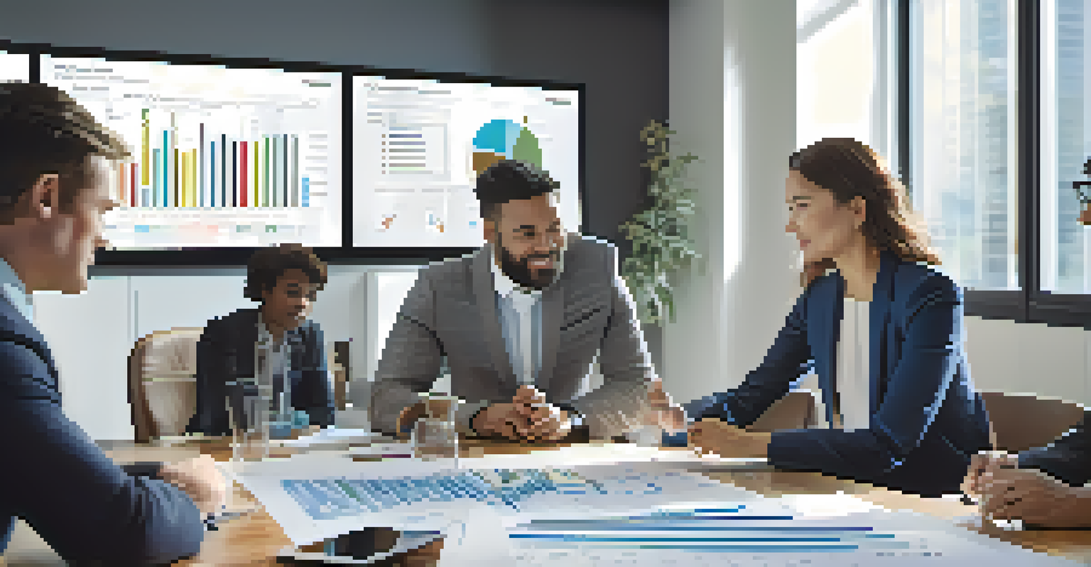 A diverse group of professionals engaged in a meeting about real estate investments, with charts and documents on the table.
