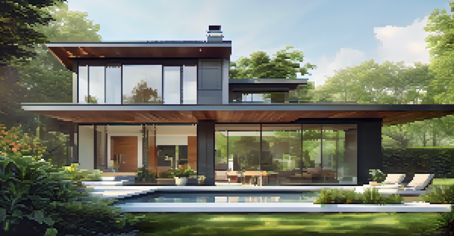 A modern home exterior with energy-efficient windows surrounded by greenery, reflecting the environment in the sunlight.