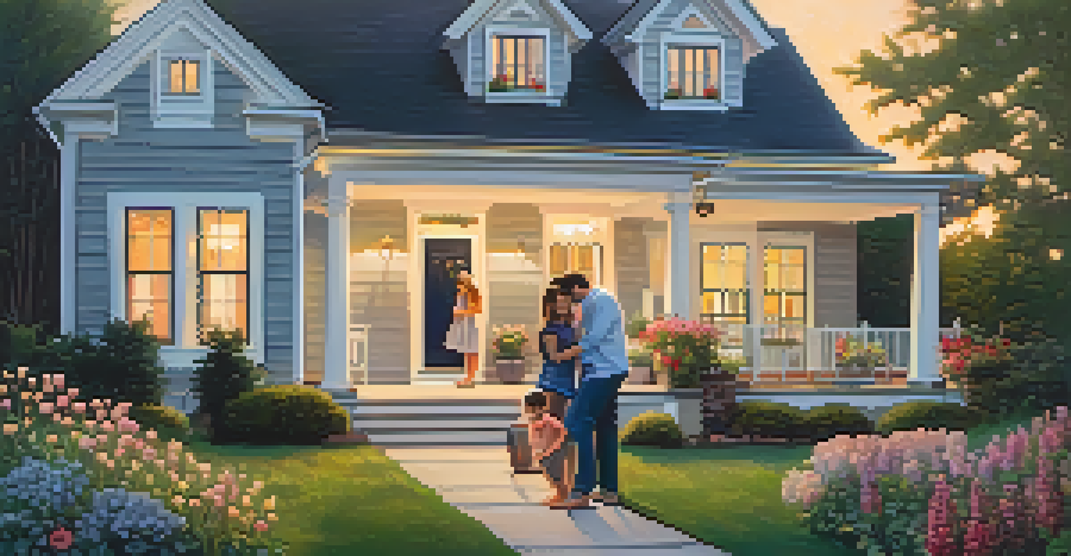 A happy family in front of their new home holding a 'Sold' sign, with a garden and a sunset in the background.