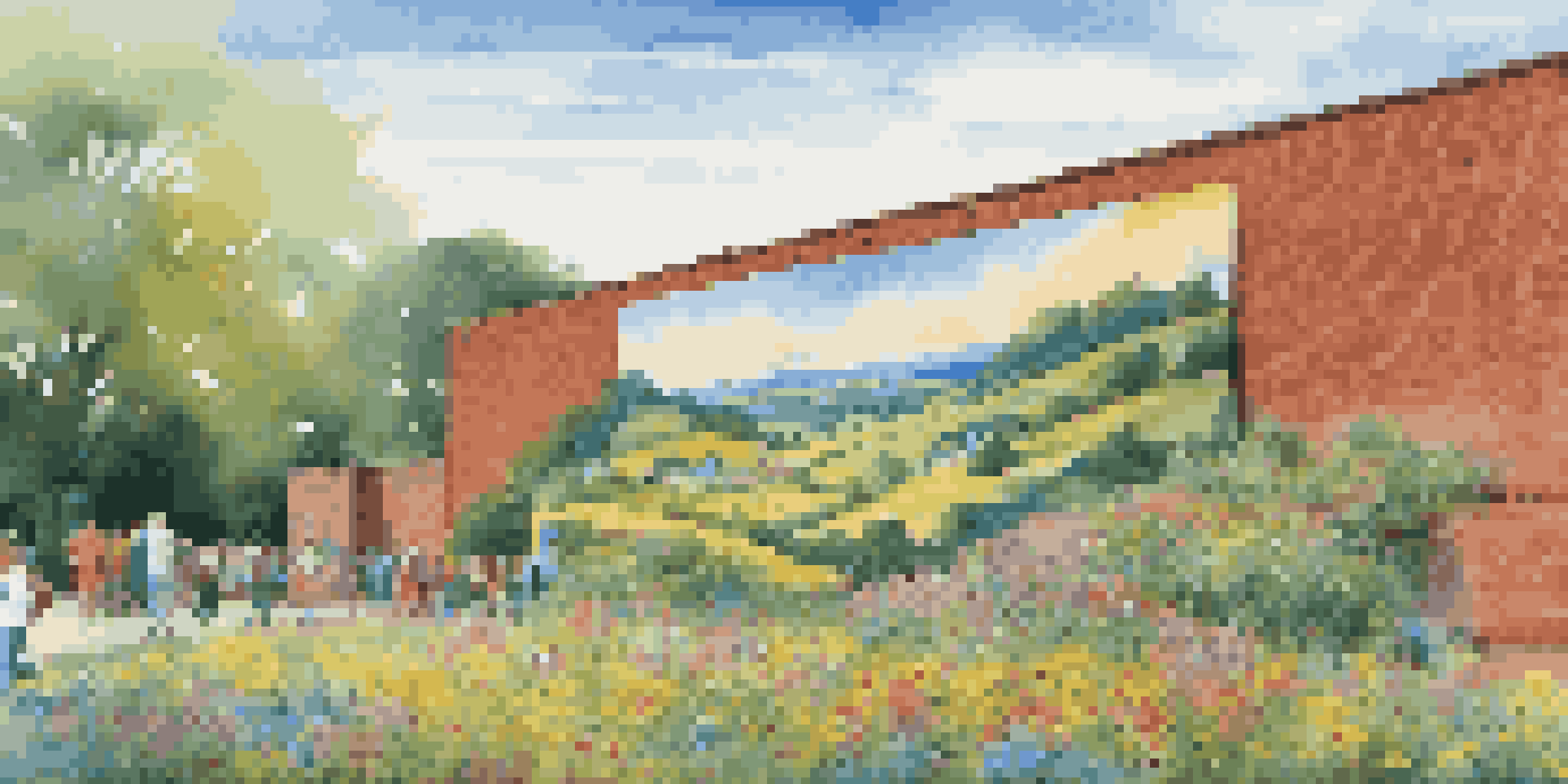 A large, colorful mural of a serene landscape on a brick wall, with people admiring it and green trees surrounding the area.