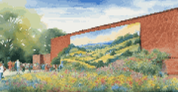 A large, colorful mural of a serene landscape on a brick wall, with people admiring it and green trees surrounding the area.