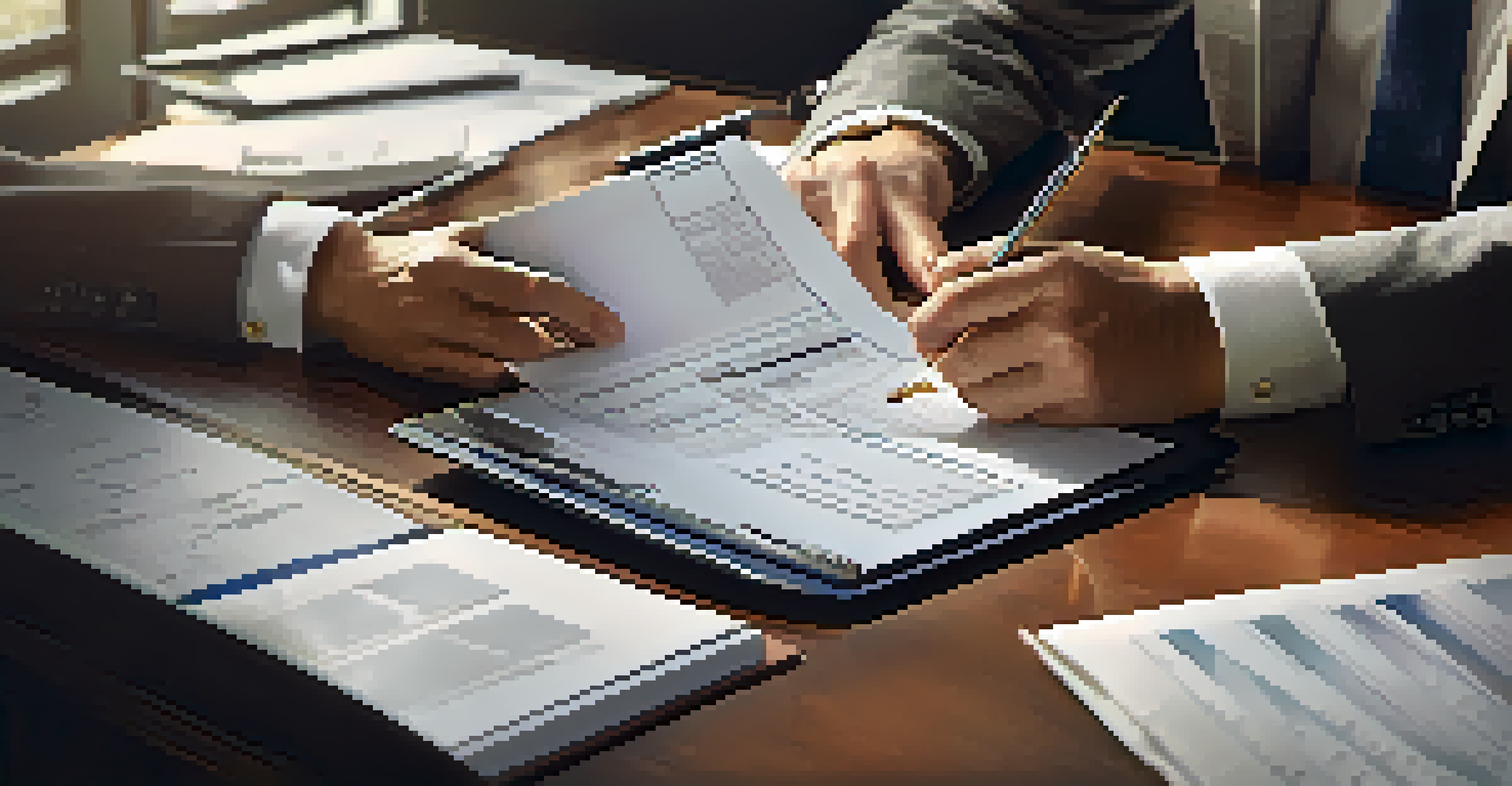 A financial advisor and a client reviewing documents at a desk, with a laptop displaying financial charts, conveying a professional and trustworthy atmosphere.