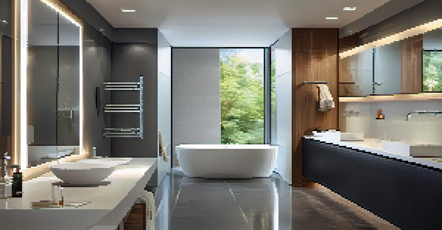 A contemporary bathroom equipped with smart technology like a digital faucet, featuring radiant floor heating and ample natural light from windows.